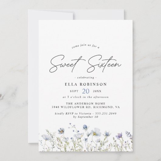 Zoet Zestien Luchtig Blauw Wildbloemen 16e Verjaar Kaart (Voorkant)
