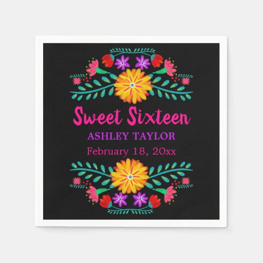Zoet Zestien Mexicaanse Fiesta Zwart en Roze Bloem Servet (Voorkant)