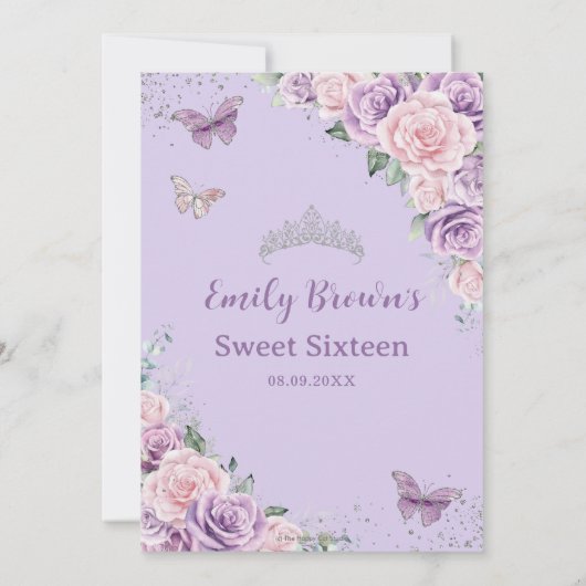 Zoet Zestien Paarse Lila Roze Bloemen Vlinders Kaart (Achterkant)