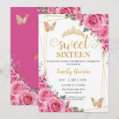 Zoet Zestien Roze Fuchsia Bloemen Gouden Vlinders Kaart (Voorkant / Achterkant)
