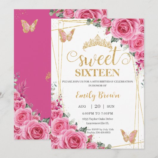 Zoet Zestien Roze Fuchsia Bloemen Gouden Vlinders Kaart (Voorkant / Achterkant)