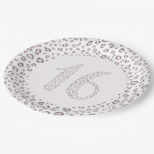 Zoet Zestien Roze Grijs Luipaard Patroon Papieren Bordje (Gekanteld)