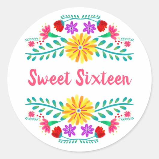 Zoet Zestien Wit en Roze Mexicaans Fiesta Bloemen Ronde Sticker (Voorkant)