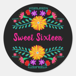 Zoet Zestien Zwart en Roze Mexicaans Fiesta Bloeme Ronde Sticker