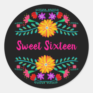 Zoet Zestien Zwart en Roze Mexicaans Fiesta Bloeme Ronde Sticker