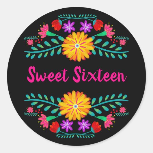 Zoet Zestien Zwart en Roze Mexicaans Fiesta Bloeme Ronde Sticker (Voorkant)