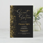 Zoet Zestien Zwart Goud Glitter Verjaardagsfeest Kaart (Staand voorkant)