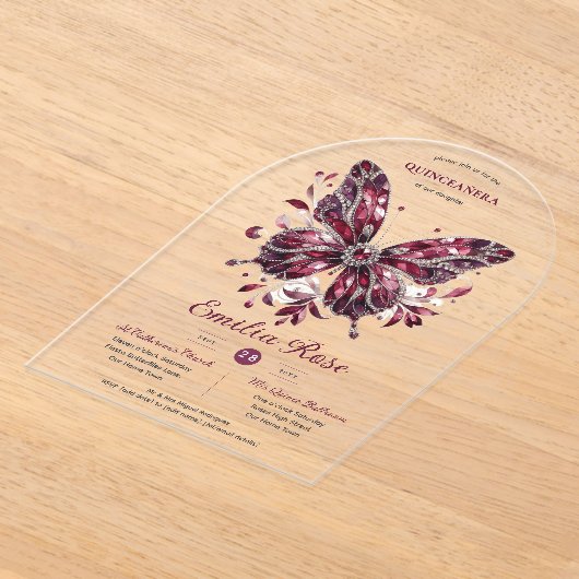 Zoete15 Vlinders QUINCEANERA Burgundy Diamant Acryl Uitnodigingen (Laagn)