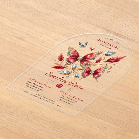 Zoete15 Vlinders QUINCEANERA Rode Diamant Kaart Acryl Uitnodigingen (Laagn)