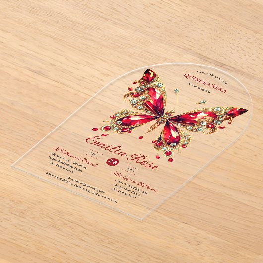 Zoete15 Vlinders QUINCEANERA Rode Kaart Diamant Acryl Uitnodigingen (Laagn)