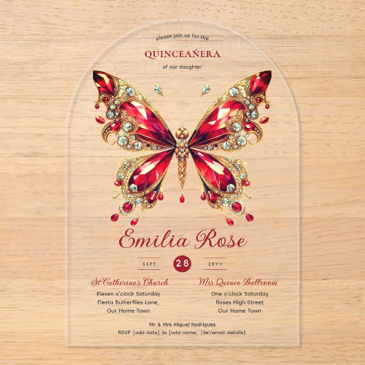 Zoete15 Vlinders QUINCEANERA Rode Kaart Diamant Acryl Uitnodigingen (Voorkant)