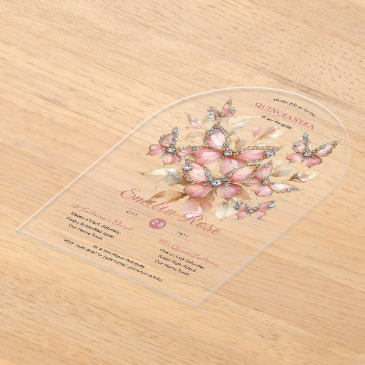 Zoete15 Vlinders QUINCEANERA Roze Roze Diamant Acryl Uitnodigingen (Laagn)