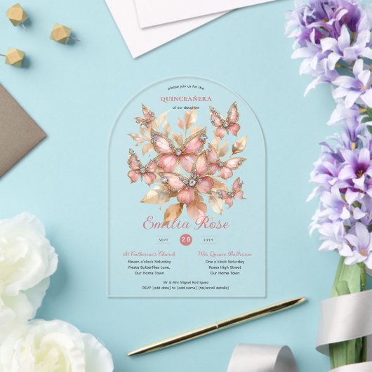 Zoete15 Vlinders QUINCEANERA Roze Roze Diamant Acryl Uitnodigingen (Insitu (Huwelijk))
