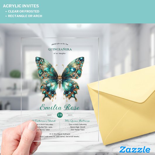 Zoete15 Vlinders QUINCEANERA Teal Goud Diamant Acryl Uitnodigingen