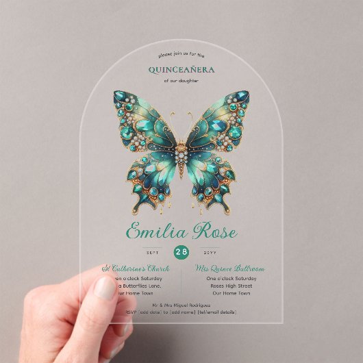 Zoete15 Vlinders QUINCEANERA Teal Goud Diamant Acryl Uitnodigingen (Insitu (Draagbaar))