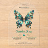 Zoete15 Vlinders QUINCEANERA Teal Goud Diamant Acryl Uitnodigingen (Voorkant)