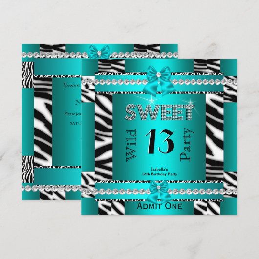 Zoete 13 Leuk Feest Zebra Turquoise Blauwe Ticket Kaart (Voorkant / Achterkant)