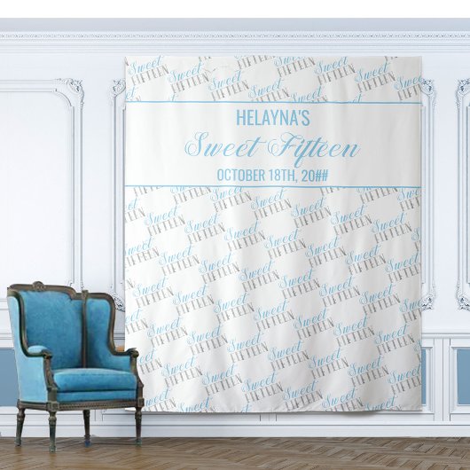 Zoete 15 Baby Blue Zilver Verjaardagsfeest Achterg Wandkleed