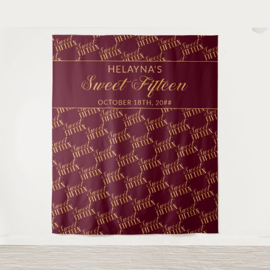 Zoete 15 bordeauxrood en gouden verjaardagsfeest a wandkleed (Voorkant)
