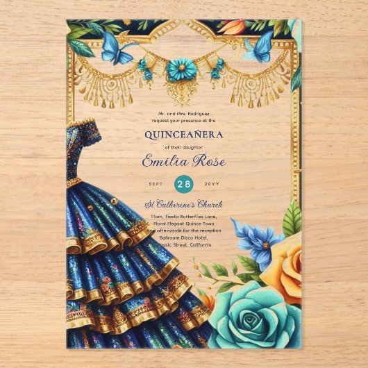 Zoete 15 verjaardag Quinceanera Vlinders Fiesta Acryl Uitnodigingen (Voorkant)