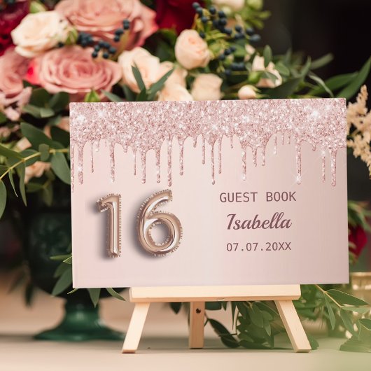 Zoete 16 16e verjaardag roos goud glitter roze gastenboek