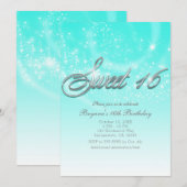 ZOETE 16 Aqua Blauwe & Zilveren Glittersterren Fee Kaart (Voorkant / Achterkant)