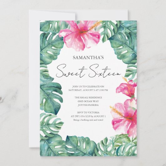 Zoete 16 Aquarel Roze Bloemige Tropisch Kaart (Voorkant)