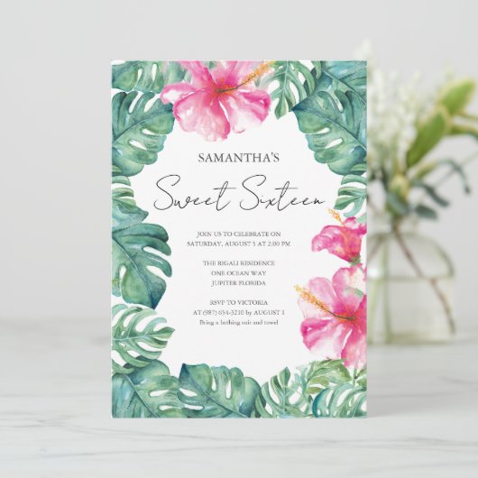 Zoete 16 Aquarel Roze Bloemige Tropisch Kaart (Staand voorkant)