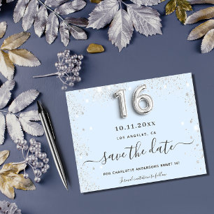 Zoete 16 babyblauwe budget zilver save-the-date flyer