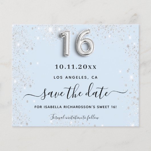 Zoete 16 babyblauwe budget zilveren save the date flyer (Voorkant)
