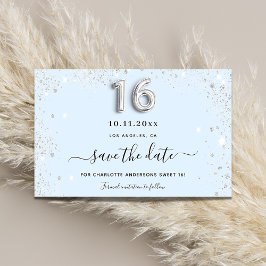 Zoete 16 babyblauwe zilveren glitter save the date