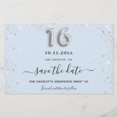 Zoete 16 babyblauwe zilveren glitter save the date (Voorkant)