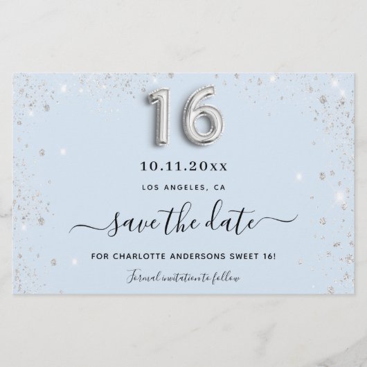 Zoete 16 babyblauwe zilveren glitter save the date (Voorkant)