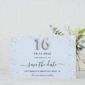 Zoete 16 babyblauwe zilveren glitter save the date (Staand voorkant)