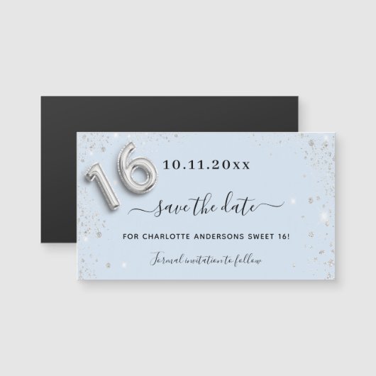 Zoete 16 babyblauwe zilveren save the date-magneet (Voorkant / Achterkant)