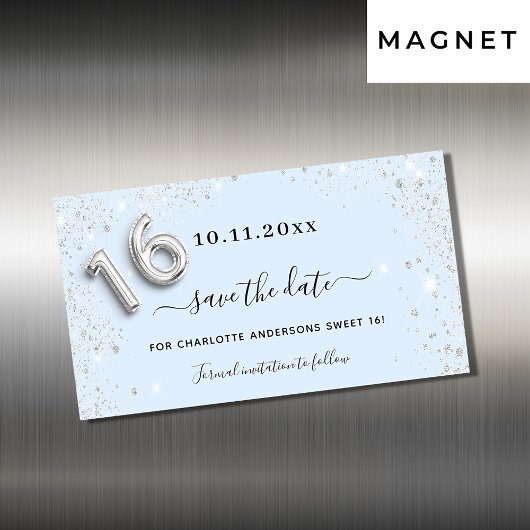 Zoete 16 babyblauwe zilveren save the date-magneet