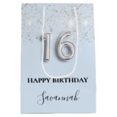 Zoete 16 babyblauwe zilverglitterstofnaam medium cadeauzakje (Achterkant)
