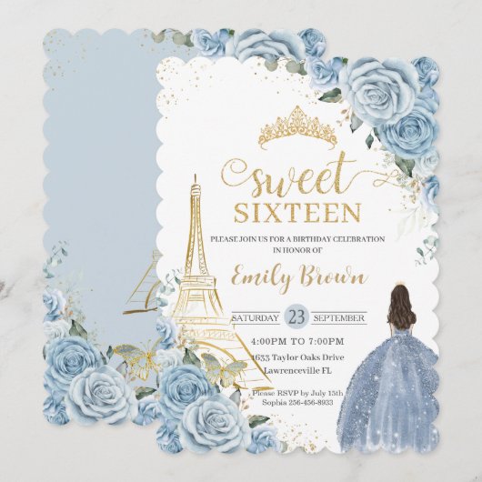 Zoete 16 Birthday Baby Blue Floral Paris Gold Kaart (Voorkant / Achterkant)