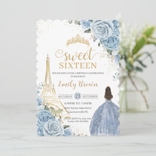 Zoete 16 Birthday Baby Blue Floral Paris Gold Kaart (Staand voorkant)