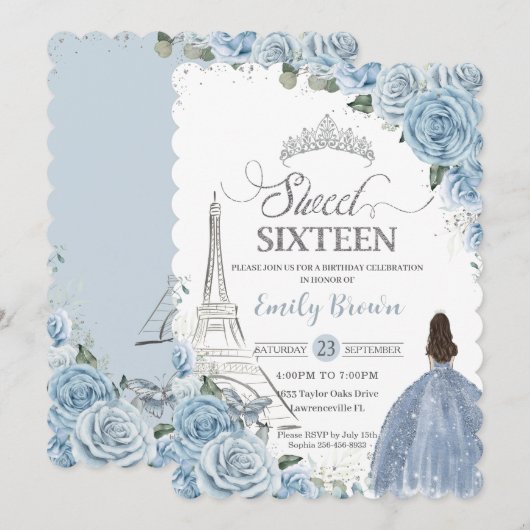 Zoete 16 Birthday Baby Blue Floral Paris Silver Kaart (Voorkant / Achterkant)