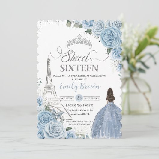 Zoete 16 Birthday Baby Blue Floral Paris Silver Kaart (Staand voorkant)