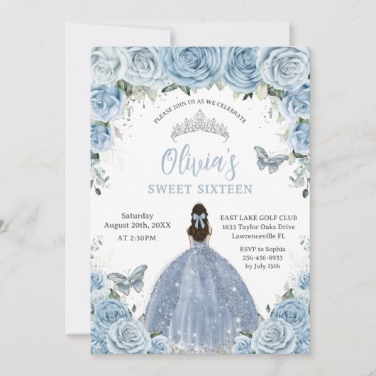 Zoete 16 Birthday Blue Floral Silver Butterfly Kaart (Voorkant)