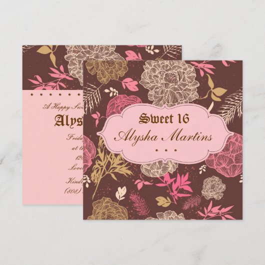 Zoete 16 Birthday  Floral Pink Brown Kaart (Voorkant / Achterkant)