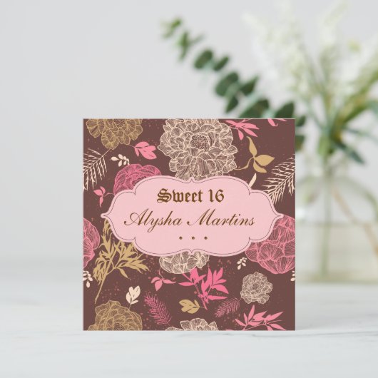 Zoete 16 Birthday  Floral Pink Brown Kaart (Staand voorkant)