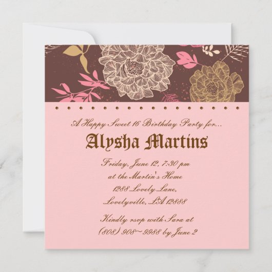 Zoete 16 Birthday  Floral Pink Brown Kaart (Achterkant)