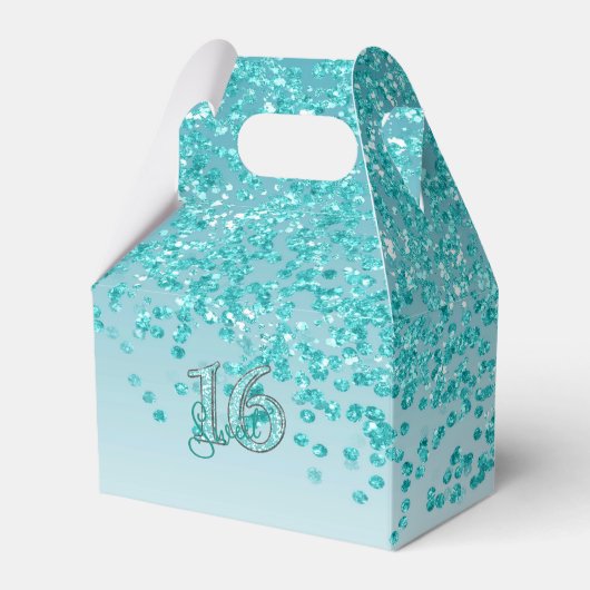 Zoete 16 Birthday Glam Blauwgroen Blue Glitter Bedankdoosjes (Voorkant Zijde)
