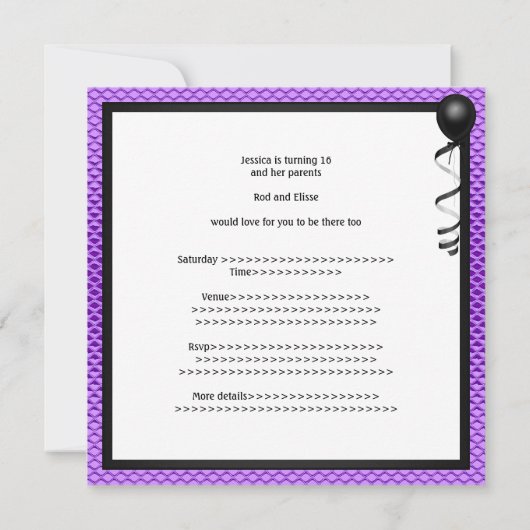 Zoete 16 Birthday Paars White Black Bow Kaart (Achterkant)