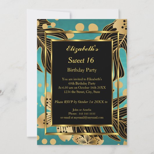 Zoete 16 Birthday Party Gold Blauwgroen zwarte flo Kaart (Voorkant)