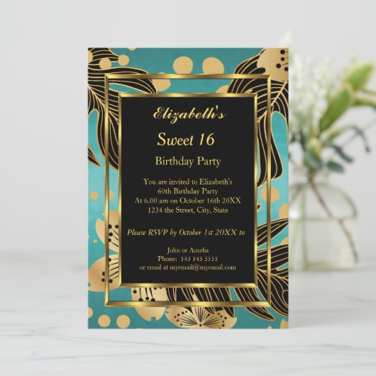 Zoete 16 Birthday Party Gold Blauwgroen zwarte flo Kaart (Staand voorkant)