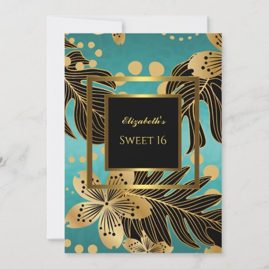 Zoete 16 Birthday Party Gold Blauwgroen zwarte flo Kaart (Achterkant)